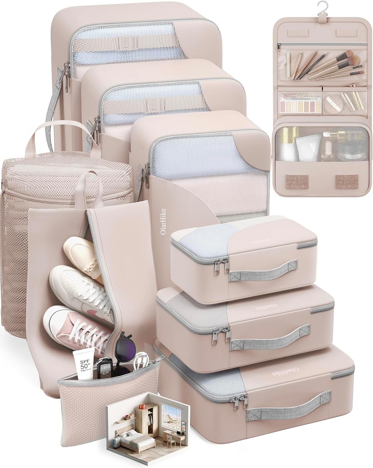 Private Label 10 Set Packing Cubes for Travel Gifts for Women Mom Custom Logo Anti-Tearing Suitcase Organizer for Luggage with Shoe & Hanging Toiletry Bag Factory Vacation Essentials & Accessories for Cruise Ship