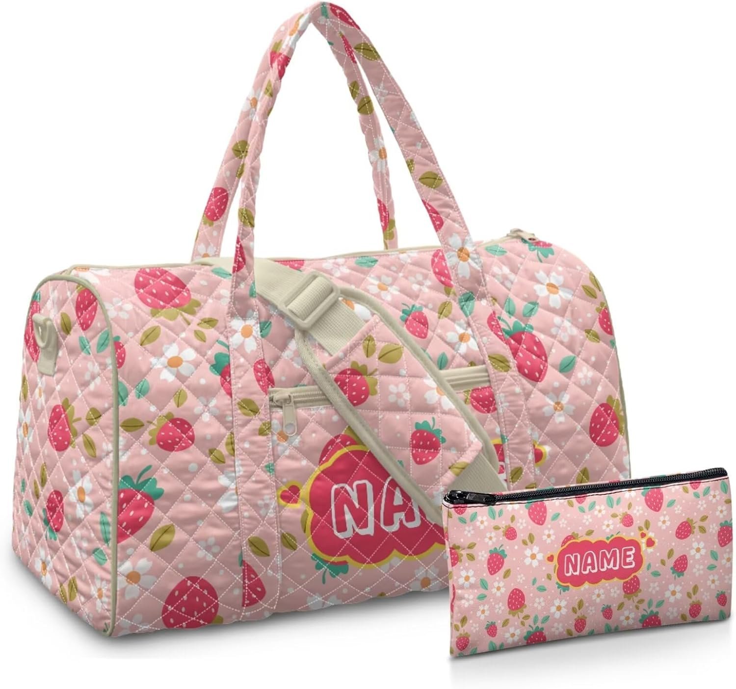 Private Label 2 Piece Pink Personalized Travel Bag Sets for Girls Custom Logo Quilted Duffle Makeup Organizer with Handle Pocket Lightweight Airline Personal Item Cosmetics Bag Manufacturer