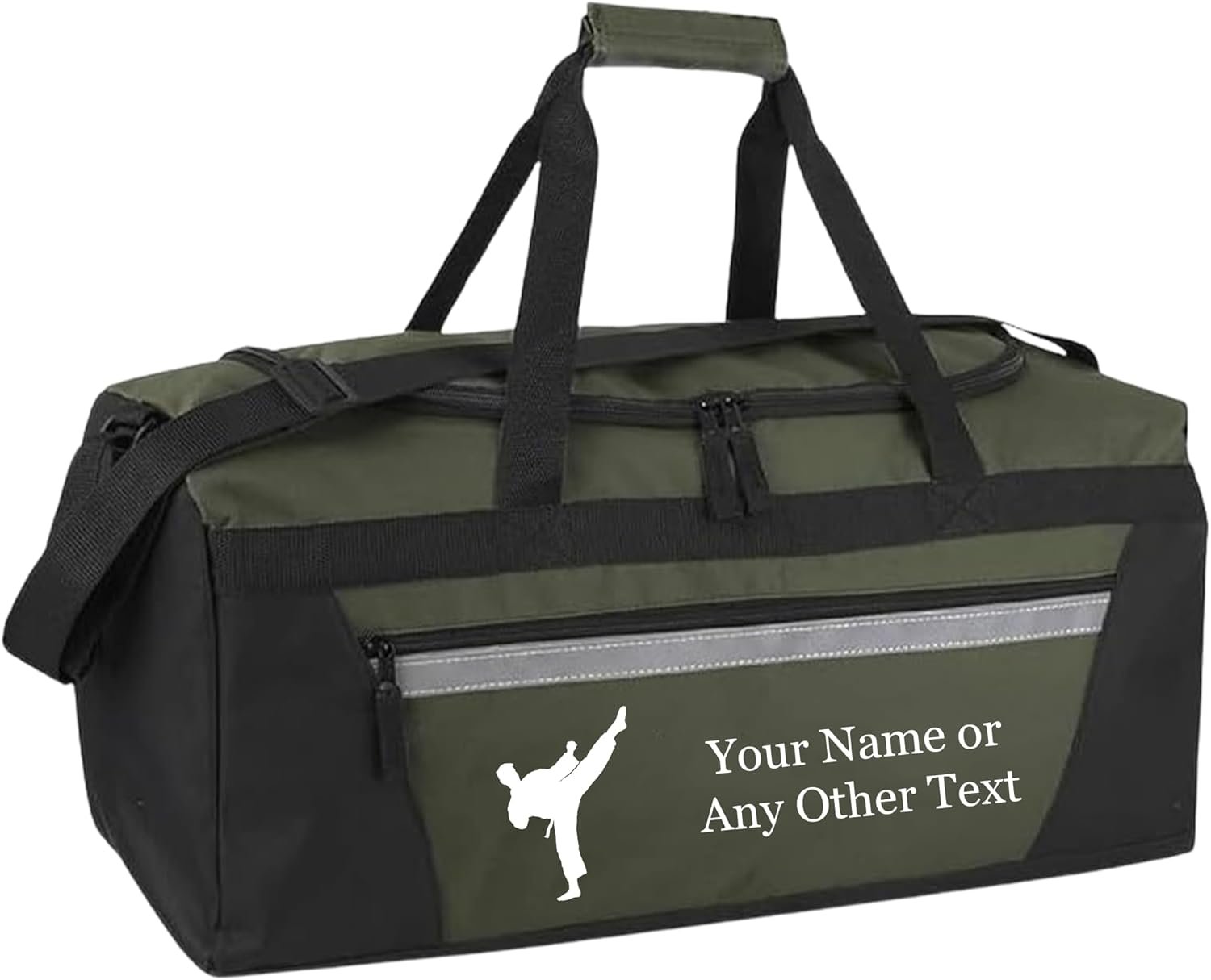 Private Label 22” Personalized Sports Duffel Bags for Men and Women - Custom Logo Travel Duffel with Name & Martial Arts Design - Water Resistant Two-Toned Overnight Weekender Bag - Army Green Manufacturer