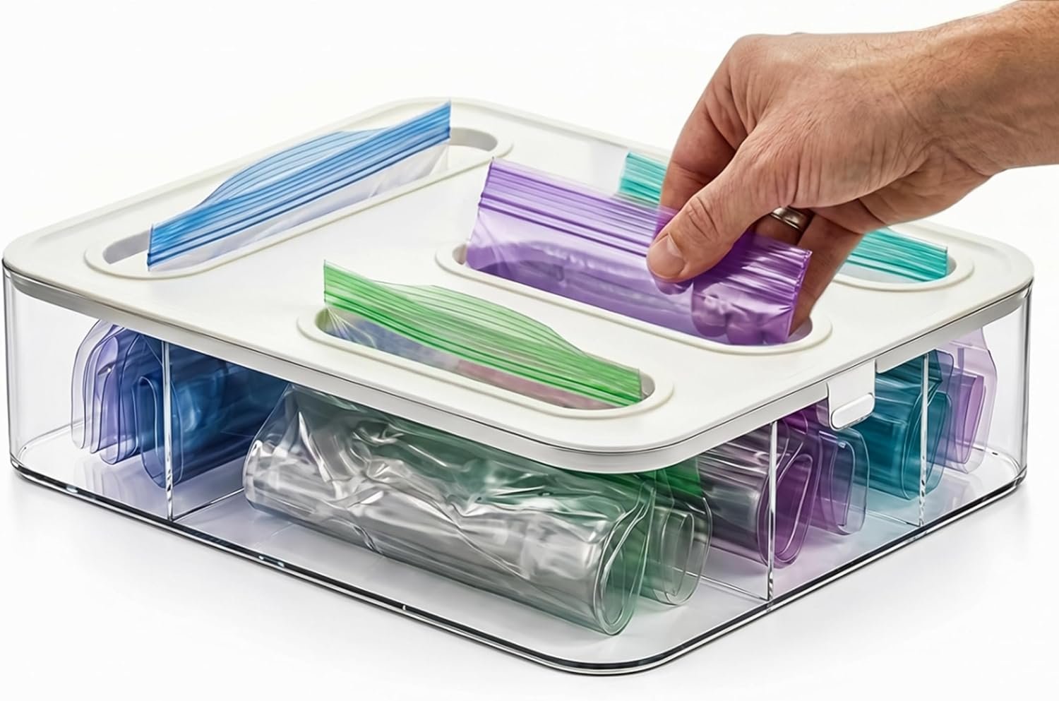 Private Label 4 in 1 Plastic Food Storage Bag Organizer - Custom Logo Baggie Drawer Organizer Compatible with Sandwich Snack Gallon Quart Slider - Kitchen Storage Wall Drawer Mount Manufacturer