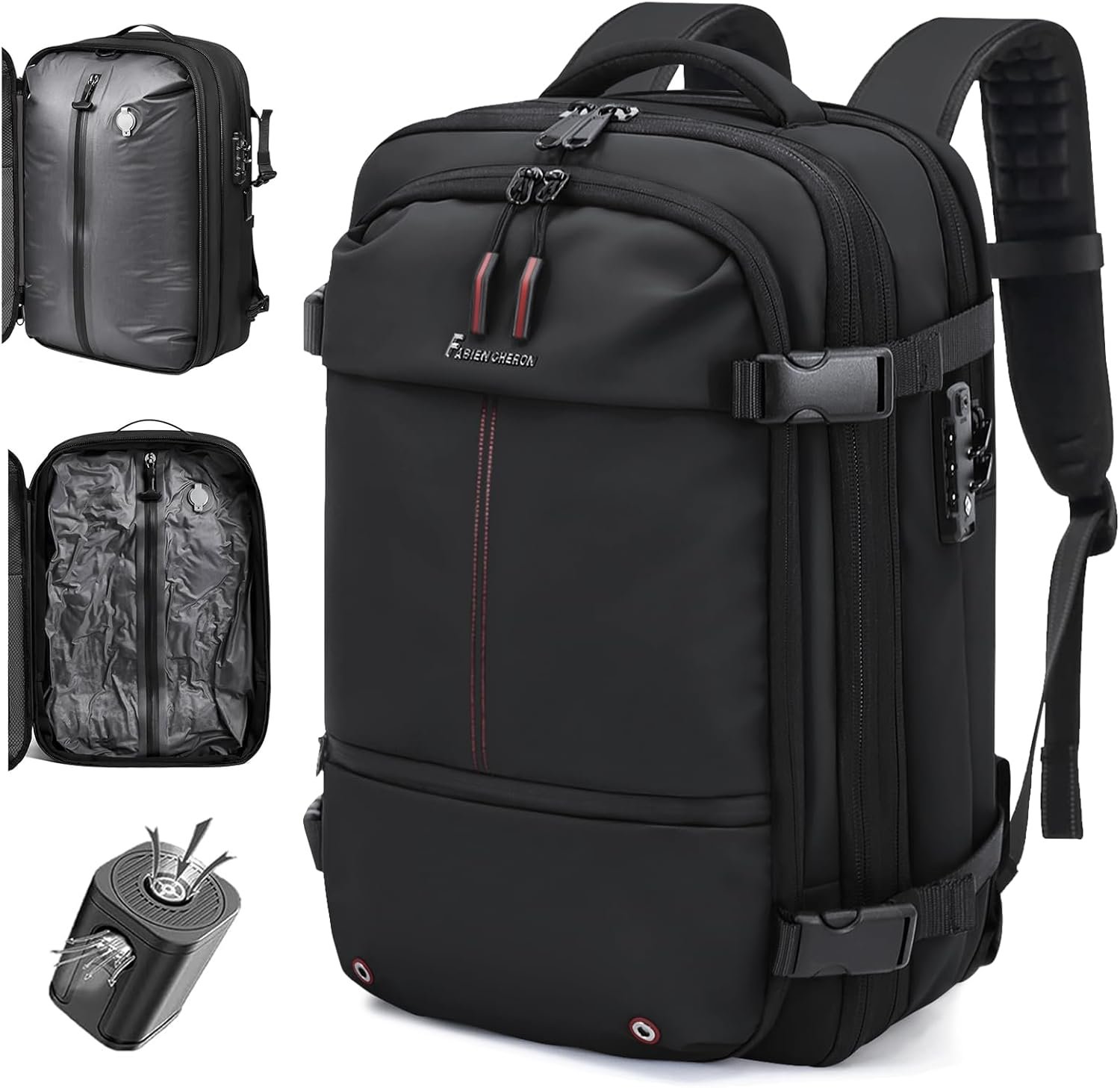 Private Label 60L Expandable Vacuum Travel Backpack with Custom Logo and TSA Lock Fits 17.3 Inch Laptop from Manufacturer Black with External Air Pump