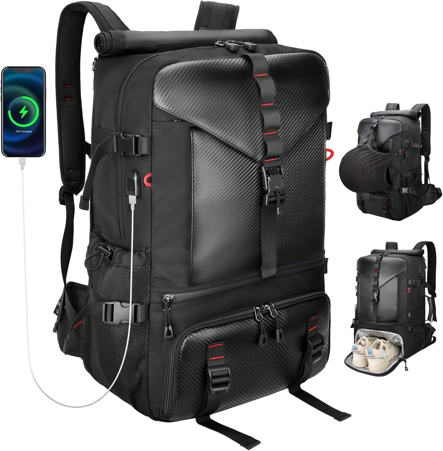 Private Label 60L Large Travel Backpack for Men 17 Inch Laptop Carry On USB Charging Port Shoe Compartment Hidden Stretch Mesh Pocket Custom Logo Convertible Duffel Bag Manufacturer for Hiking Weekender Overnight Trip