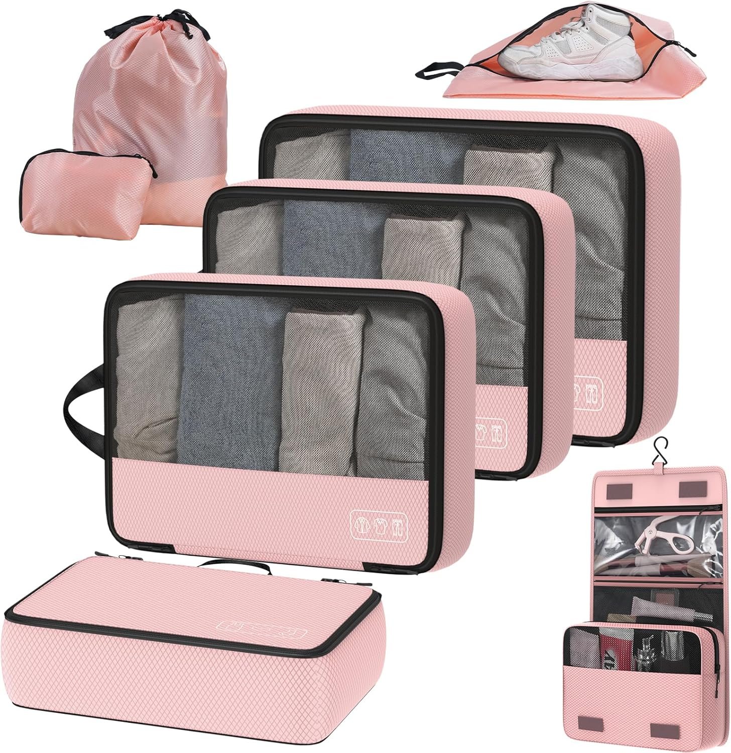 Private Label 8 Set Compression Packing Cubes for Pink Suitcase Travel Organizers with Laundry Bag and Custom Logo Hanging Toiletry Bag Airplane Road Cruise Luggage Essentials for Women from Manufacturer
