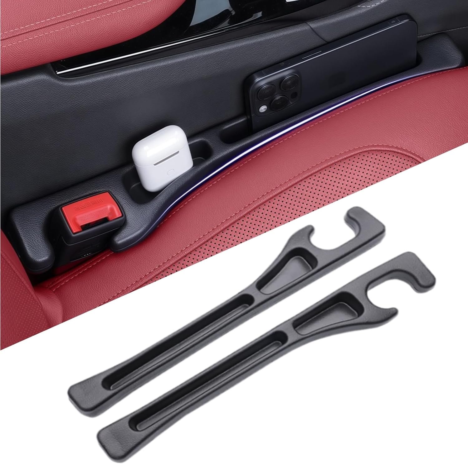 Private Label Car Seat Gap Filler 2-Pack, Custom Logo No-Drop Seat Gap Organizer with Phone Holder, Factory Universal Fit to Fill Gap Between Seat and Console for Car SUV Truck