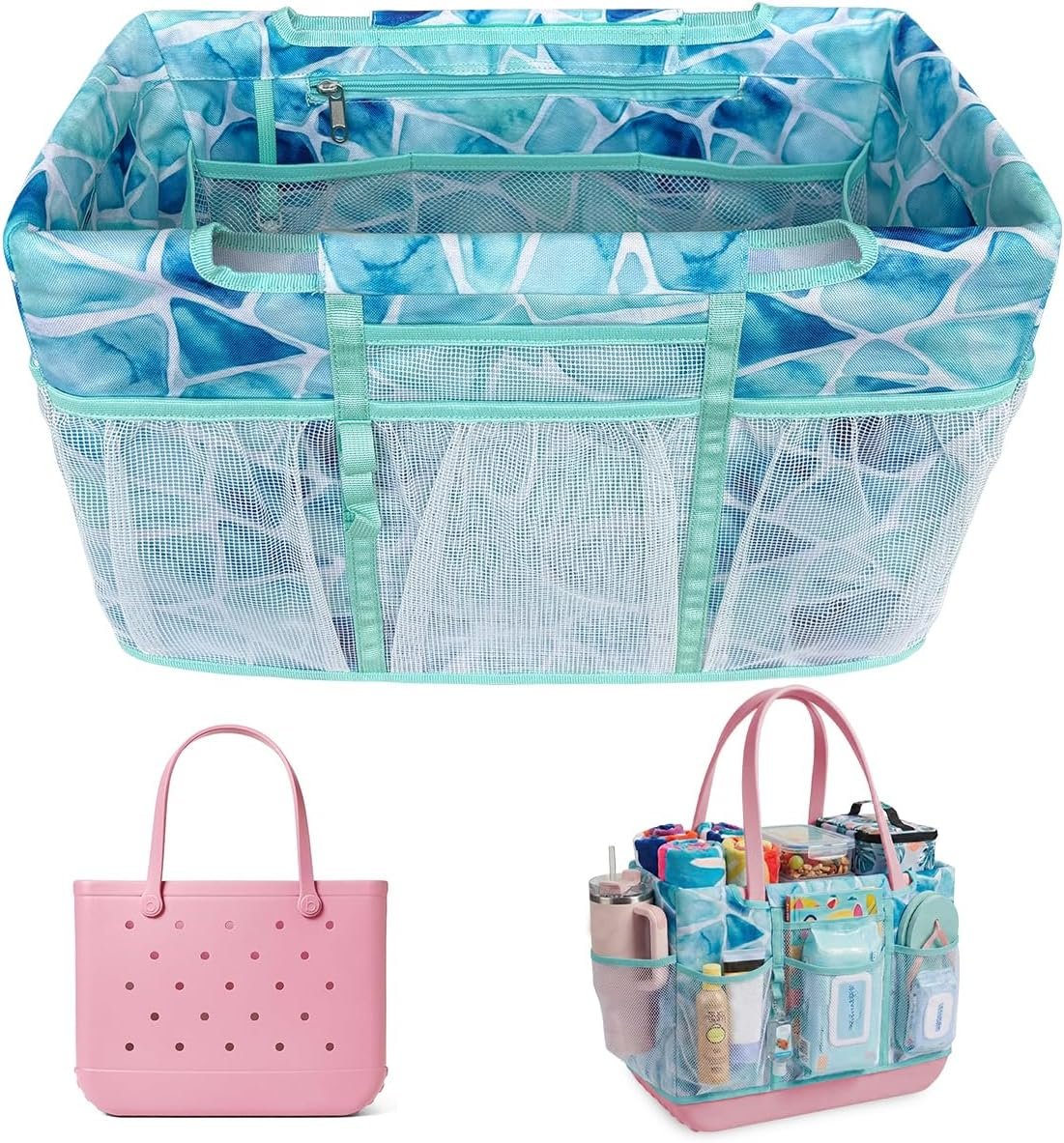 Private Label Custom Fit Organizer Bag Insert Only for Original Large XL Rubber Tote with Custom Logo Zippered Inner Liner Pouch from Manufacturer for Beach Travel Sports (SEA GLASS, LARGE)