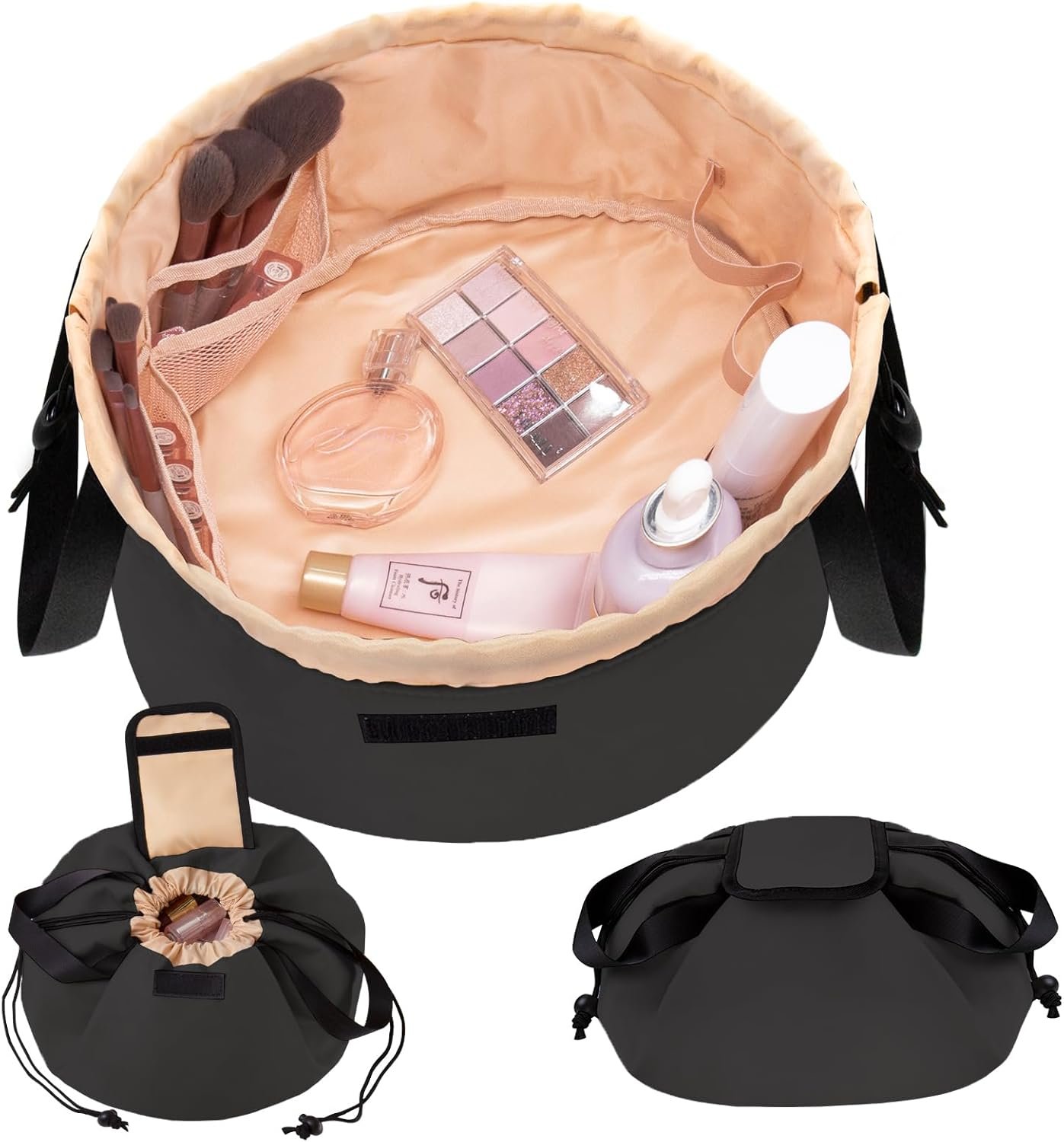 Private Label Drawstring Large Travel Makeup Bag Portable Large Capacity Cosmetic Toiletry Organizer with Custom Logo from Manufacturer (Black)