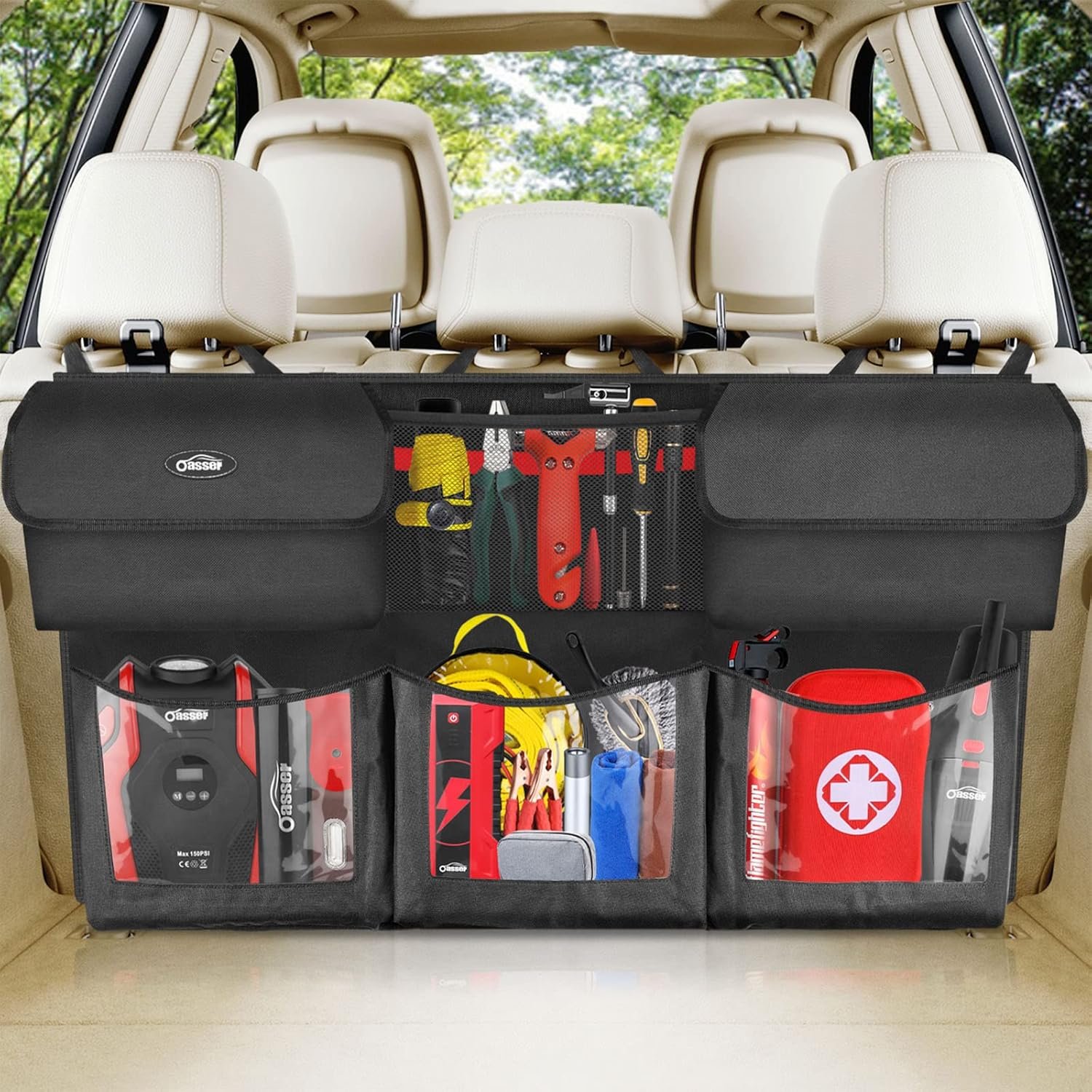Private Label Foldable Back Seat Trunk Hanging Car Organizer Cargo Storage with Custom Logo 6 Large Pockets and 3 Adjustable Straps 40x19inch Manufacturer Direct