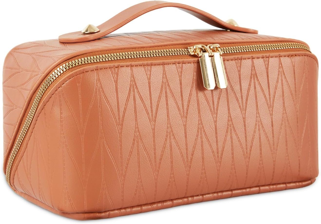 Private Label Large Capacity Portable Travel Makeup Bag for Women, Waterproof Toiletry Organizer Open Flat with Custom Logo Compartments and Handle from Factory Wheat-Brown