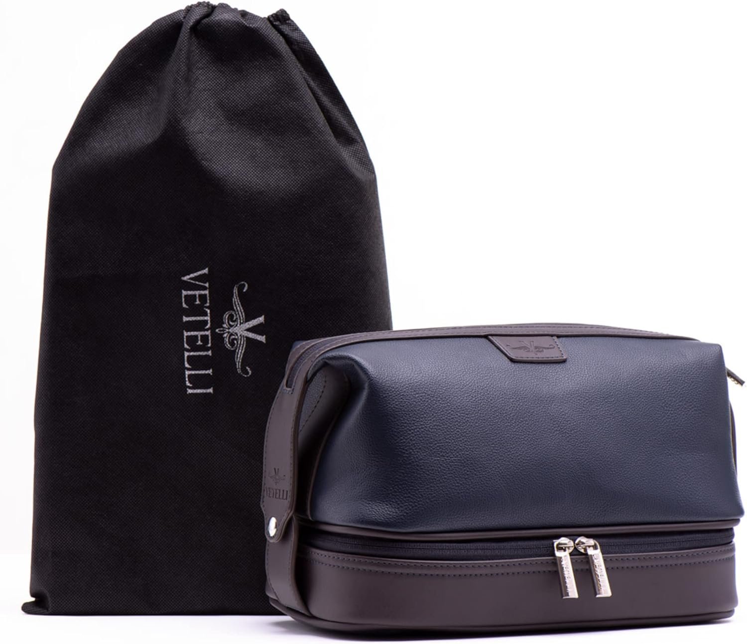 Private Label Large Leather Men's Travel Toiletry Shaving Case Bag with Custom Logo Upper Lower Zippered Compartments 3 Interior Loops and Carrying Handles Manufacturer