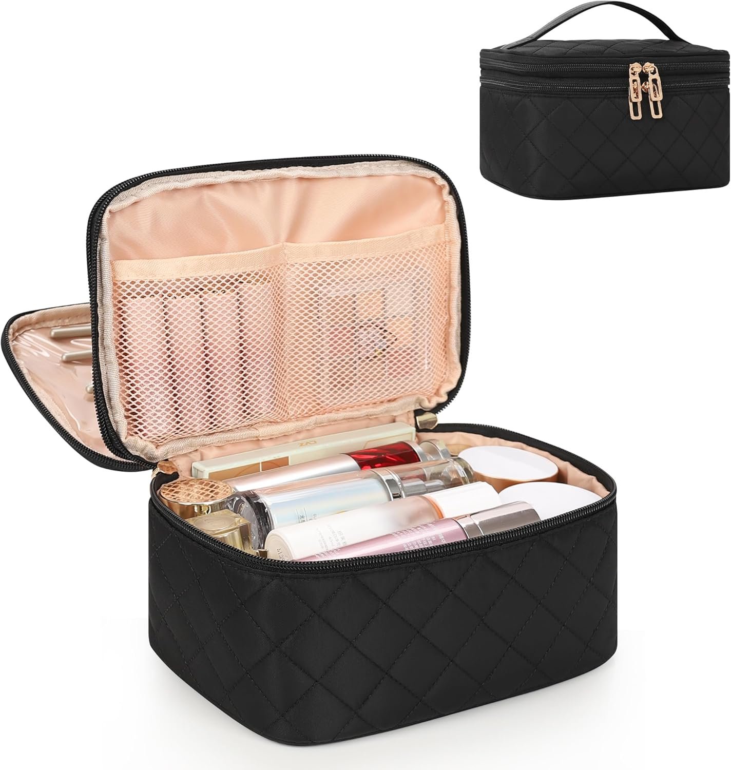 Private Label Large Travel Makeup Bag with Custom Logo Separate Makeup Brush Compartment Double Layer Toiletry Organizer Manufacturer for Women - Black