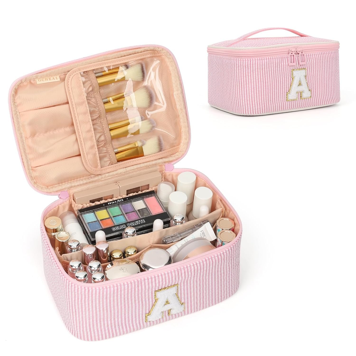 Private Label Monogram Makeup Bag Pink Travel Cosmetic Case Beauty Toiletry Organizer Custom Logo Personalized Initial A Valentine's Day Gifts for Women Girls Bridesmaids Sisters Wives Friends Factory