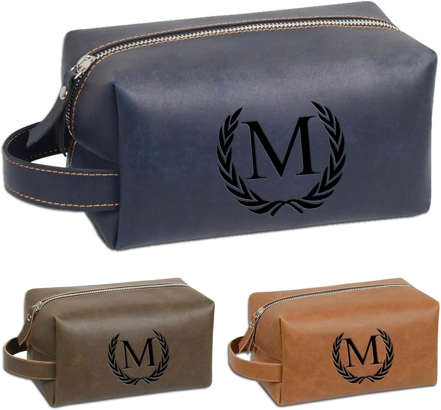 Private Label Personalized Birthday Christmas Gifts for Men Dad Husband, Engraved Initials Mens Leather Travel Shaving Bag from Manufacturer, Custom Logo Groomsmen Gifts Travel Essential (M, Blue)