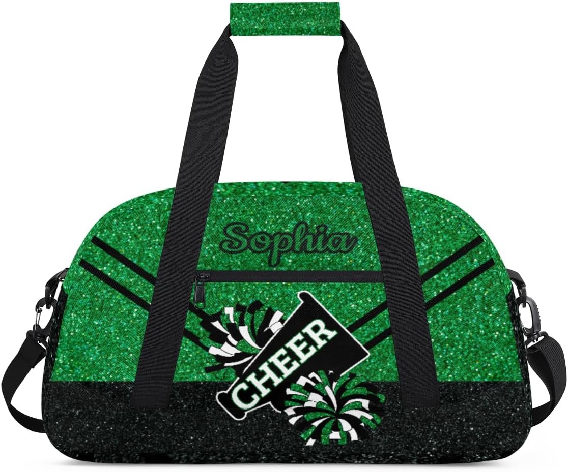 Private Label Personalized Cheerleading Duffel Bag for Girls Sport Gym Weekender with Custom Logo and Name Glitter Green Black Manufacturer