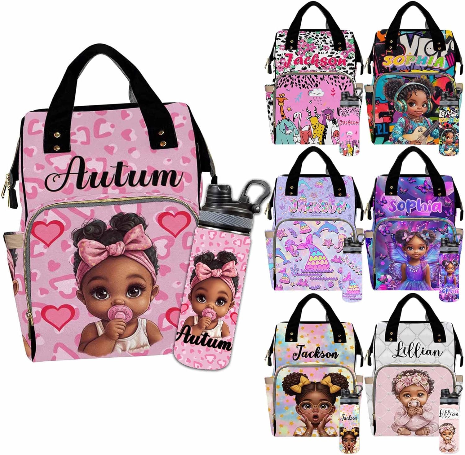 Private Label Personalized Diaper Bag Backpack for Girls Custom Logo Insulated Water Bottle Name Monogram Adjustable Shoulder Straps Baby Travel Nursing Mommy Nappy Bag Manufacturer