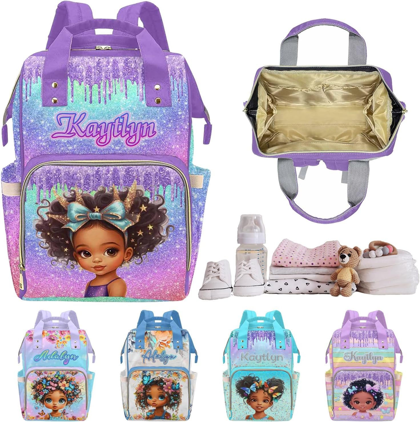 Private Label Personalized Diaper Bags for Women Men Custom Logo Purple Glitter Princess Diaper Backpack for Mom Wife Multifunctional Travel Changing Bag Manufacturer