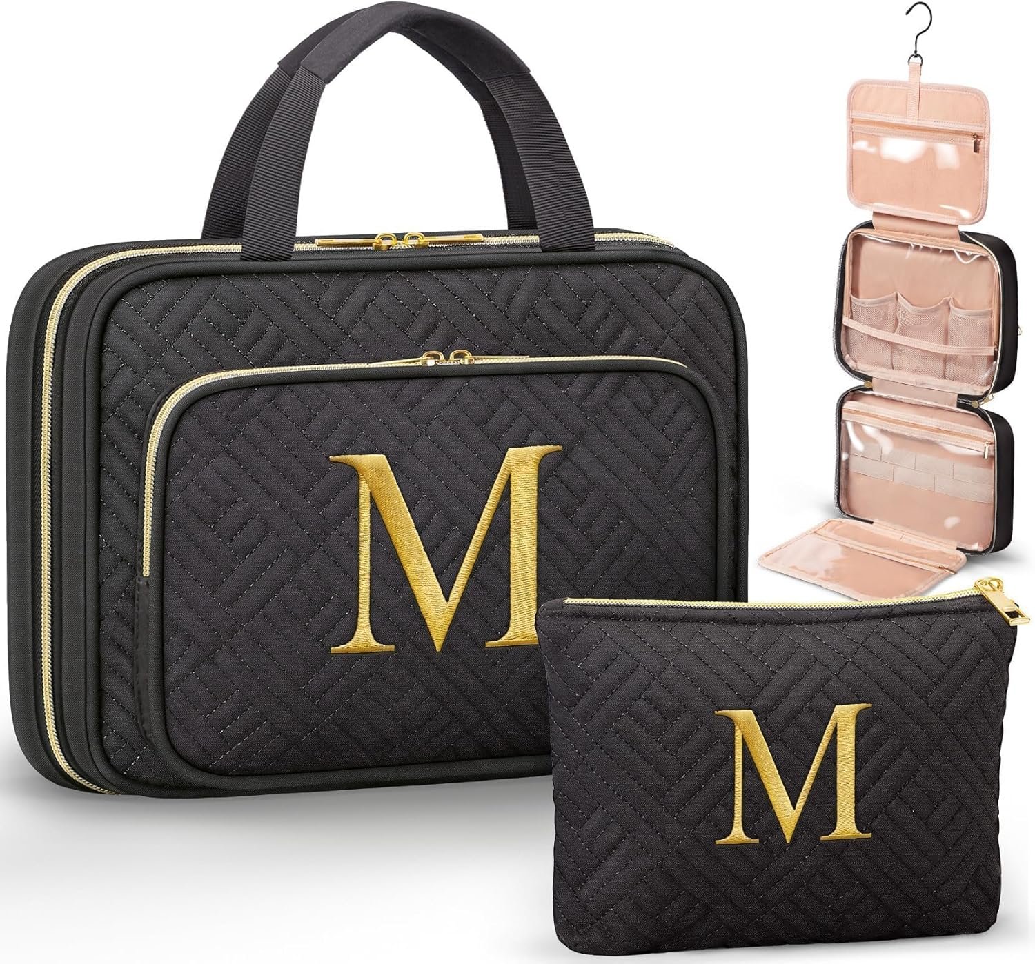 Private Label Personalized Initial Toiletry Bag Hanging Travel Organizer Makeup Cosmetic Bag with Embroidered Letter Custom Logo Teacher Appreciation Birthday Valentines Gifts for Women Mom Wife Friend Sister Factory