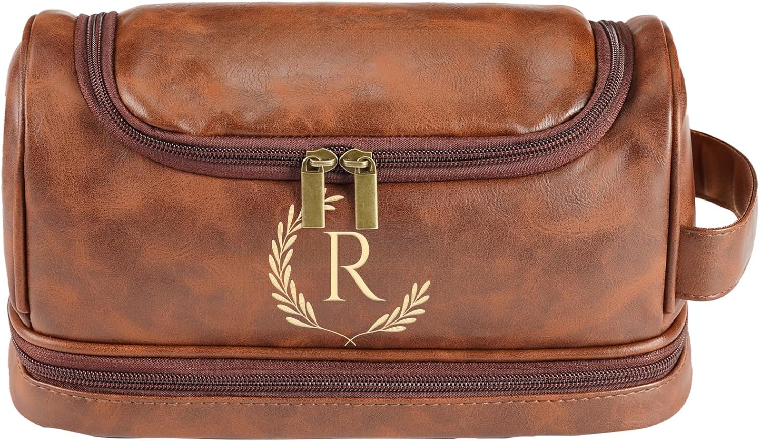 Private Label Personalized Leather Toiletry Bag for Men Engraved Initial Custom Logo Travel Kit Manufacturer Gift for Dad Husband Father Christmas Birthday Anniversary