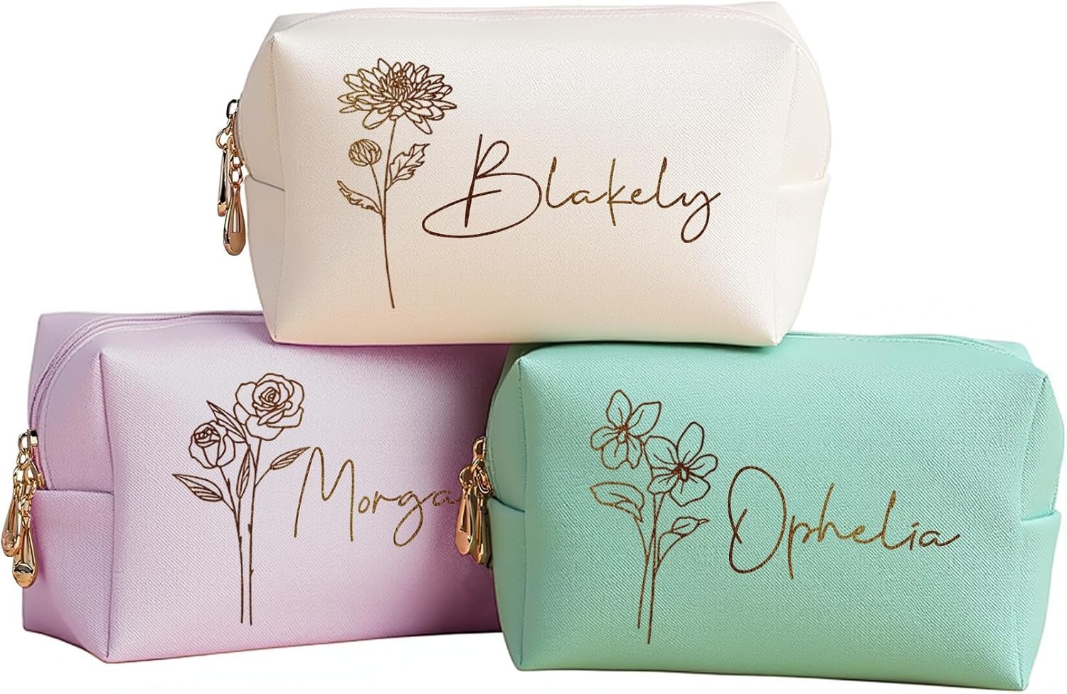 Private Label Personalized Makeup Bag with Name and Birth Flower Bridesmaid Gifts, Custom Logo Valentines Day Gifts for Women Teenage Girls, Travel Makeup Bag Manufacturer