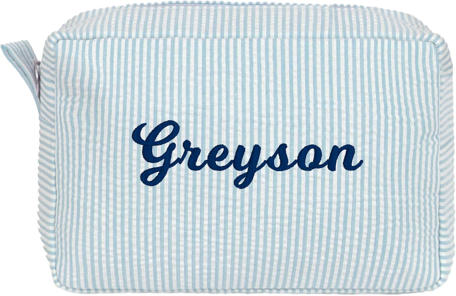 Private Label Personalized Seersucker Cosmetic Bag Cute Makeup Organizer Custom Logo for Women Girls Bridesmaid Travel Aesthetic Toiletry Storage Pouch Manufacturer (Aqua)