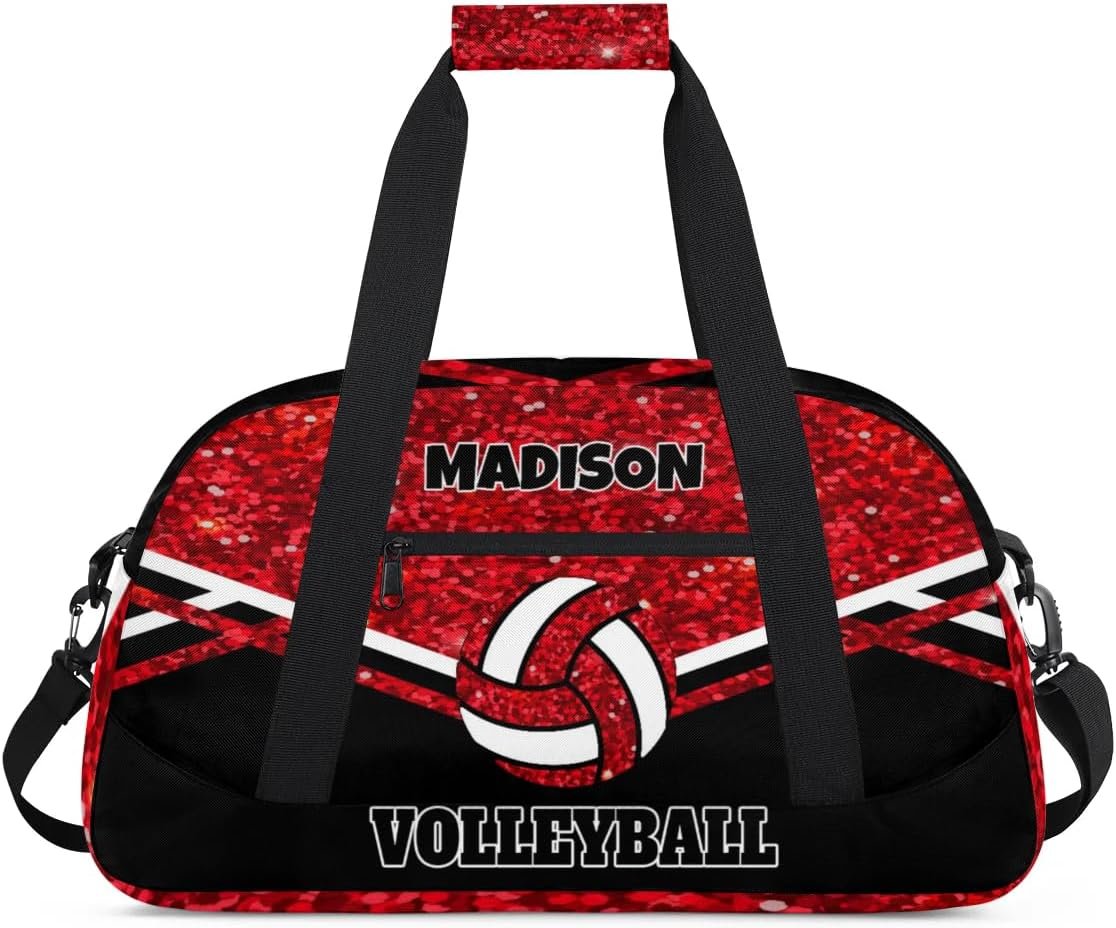 Private Label Personalized Sports Volleyball Gym Duffel Weekender Travel Bag Custom Logo Team Name Red Glittering with Black Factory