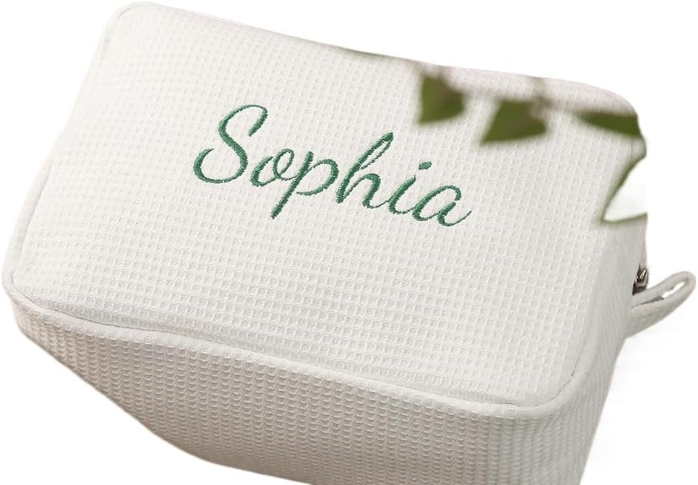 Private Label Personalized Waffle Makeup Toiletry Bag Custom Logo Initials Embroidered White Modern Bridal Bridesmaid Gift Manufacturer