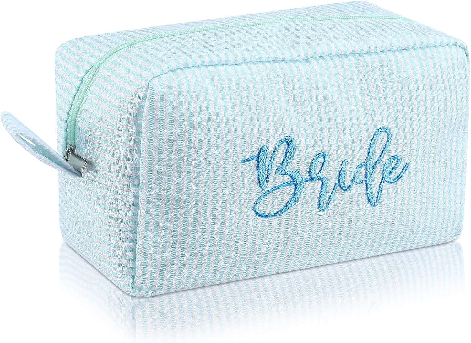 Private Label Seersucker Bridal Makeup Bag for Women Blue and White Striped Travel Cosmetic Bag with Embroidery Bride to Be Gifts Wide Opening Toiletry Pouch with Custom Logo for Makeup Essentials Manufacturer Gift for Her Private Label Seersucker Bridal Makeup Bag for Women Blue and White Striped Travel Cosmetic Bag with Embroidery Bride to Be Gifts Wide Opening Toiletry Pouch with Custom Logo for Makeup Essentials Manufacturer Gift for Her