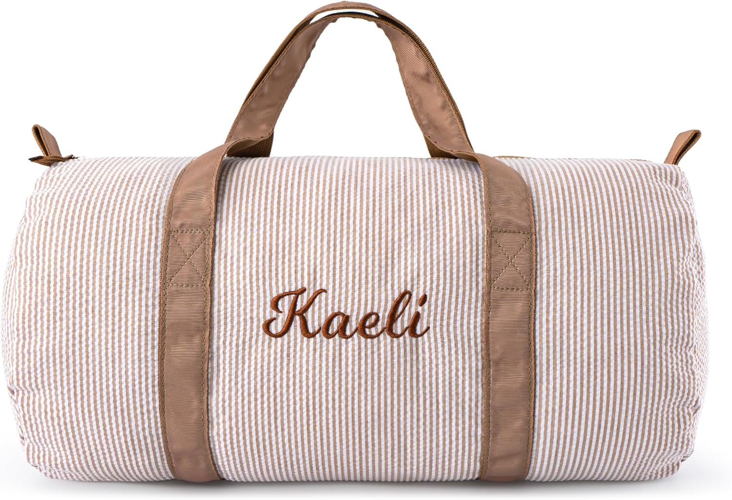 Private Label Seersucker Girls Small Duffle Bag Custom Logo Personalized Toddler Dance with Embroidered Name Little Girls Ballet Gym Overnight Weekender Travel Factory Birthday Baby Shower Gifts Brown