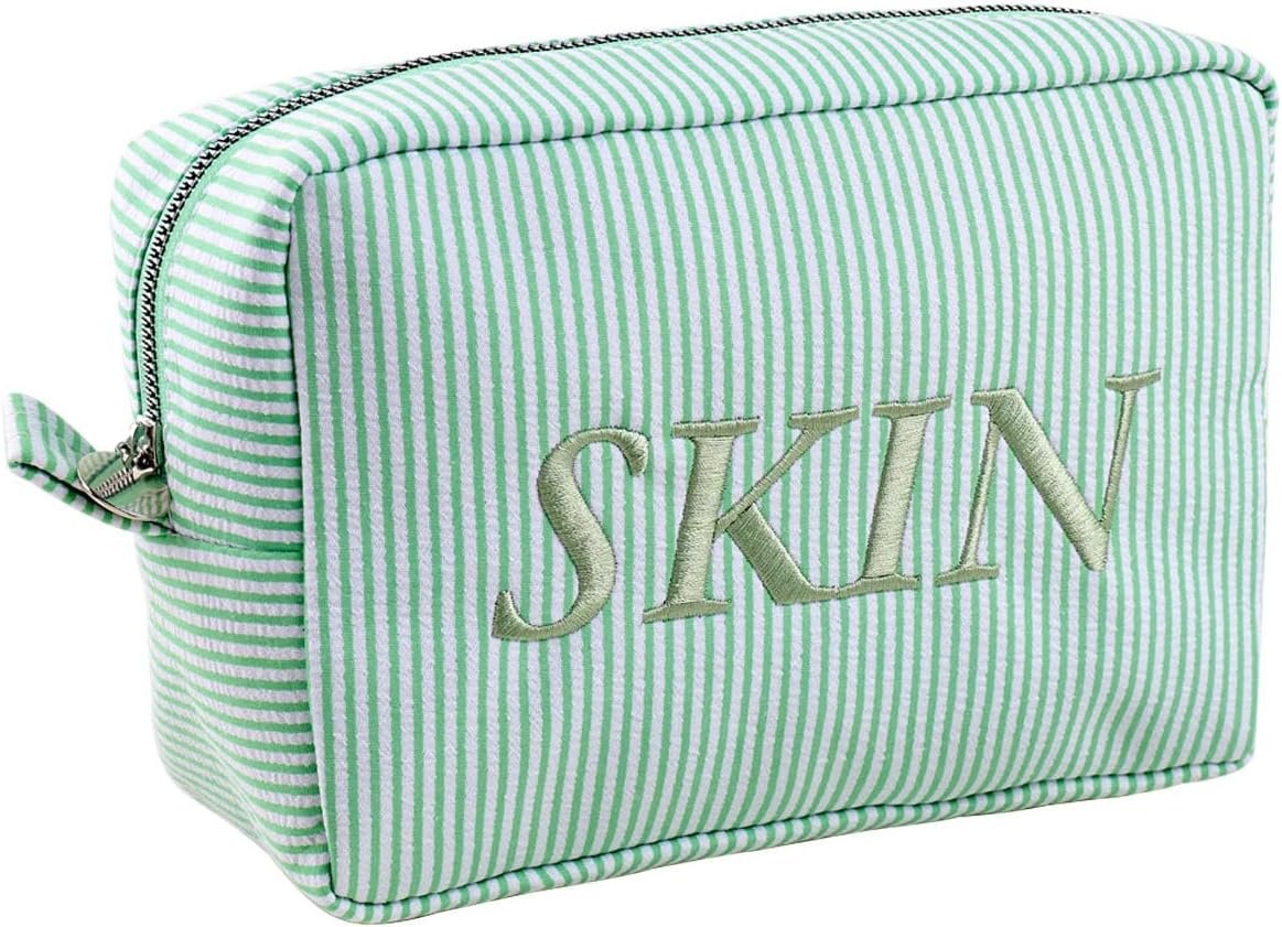 Private Label Seersucker Monogram Makeup Bag with Custom Logo Personalized Name Large Capacity Cotton Toiletry Cosmetic Pouch Green Manufacturer Graduation Wedding Gifts for Girls Bridesmaids Women