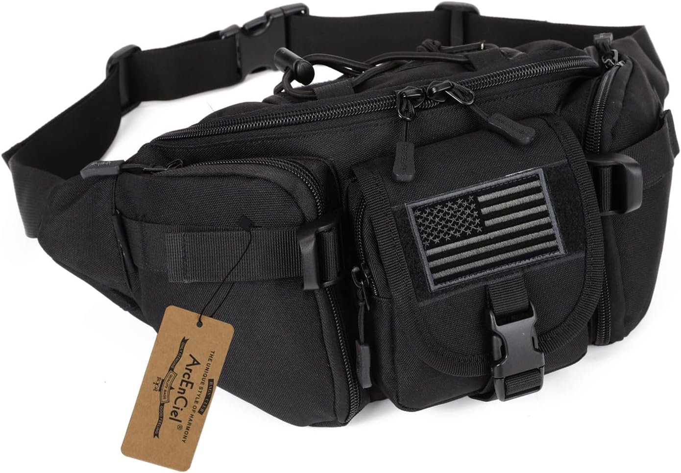 Private Label Tactical Fanny Pack for Men Women Waist Bag Hip Belt Outdoor Hiking Fishing Bumbag with Custom Logo Patch (Black) Manufacturer