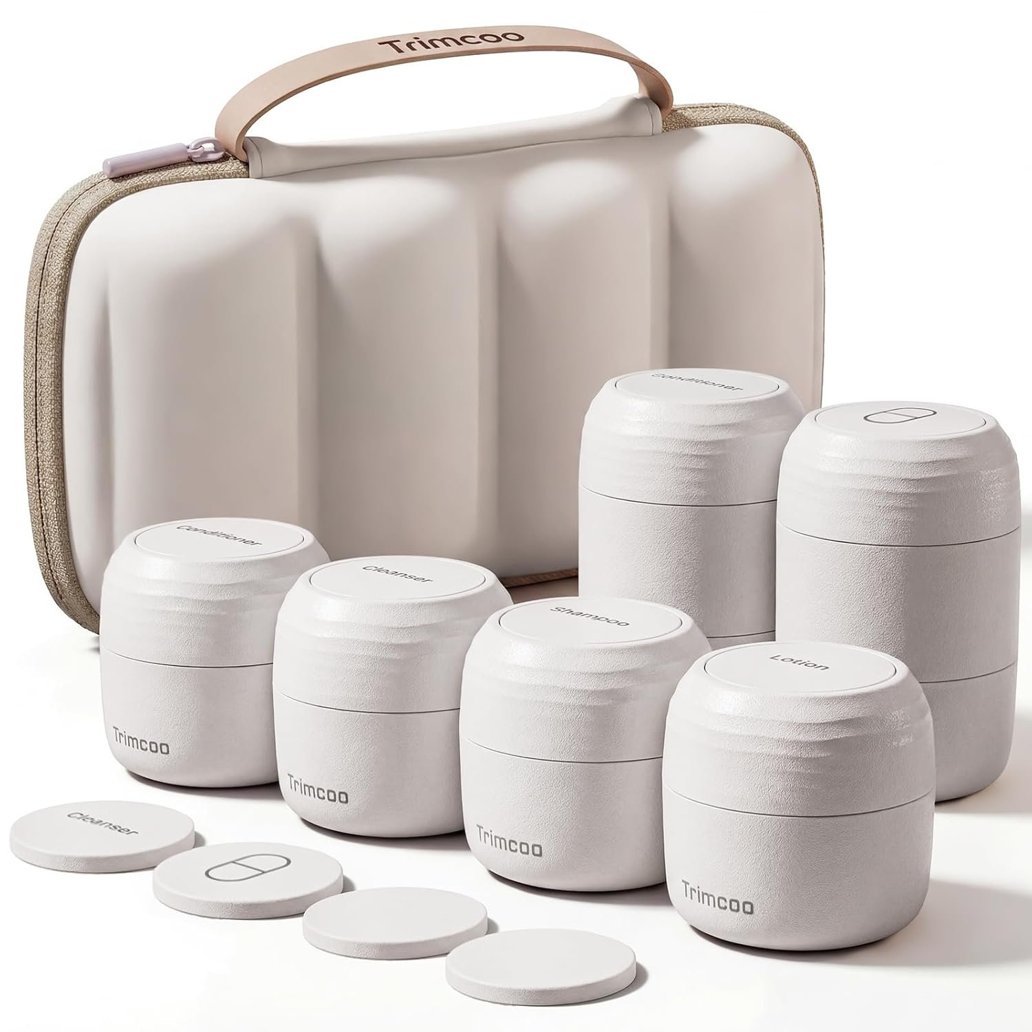 Private Label Travel Toiletry Jar Set 6Pcs Leakproof Travel Containers with Carry Bag Custom Logo Dual PLA Hard Shell Jars for Skincare Lotions Creams 4x30ml 2x60ml 10 Magnetic Labels Manufacturer Beige