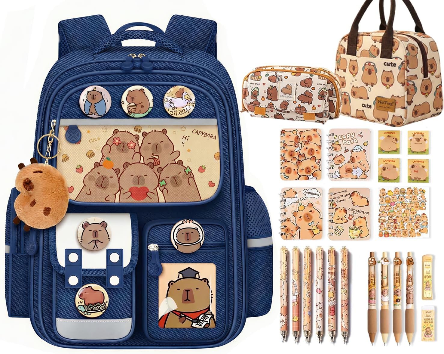 Private Label Waterproof Large-Capacity Kawaii Capybara Backpack Manufacturer with 31-Piece Pencil Case Notebook Sticky Notes Lunch Bag Gel Pens Accessories Custom Logo