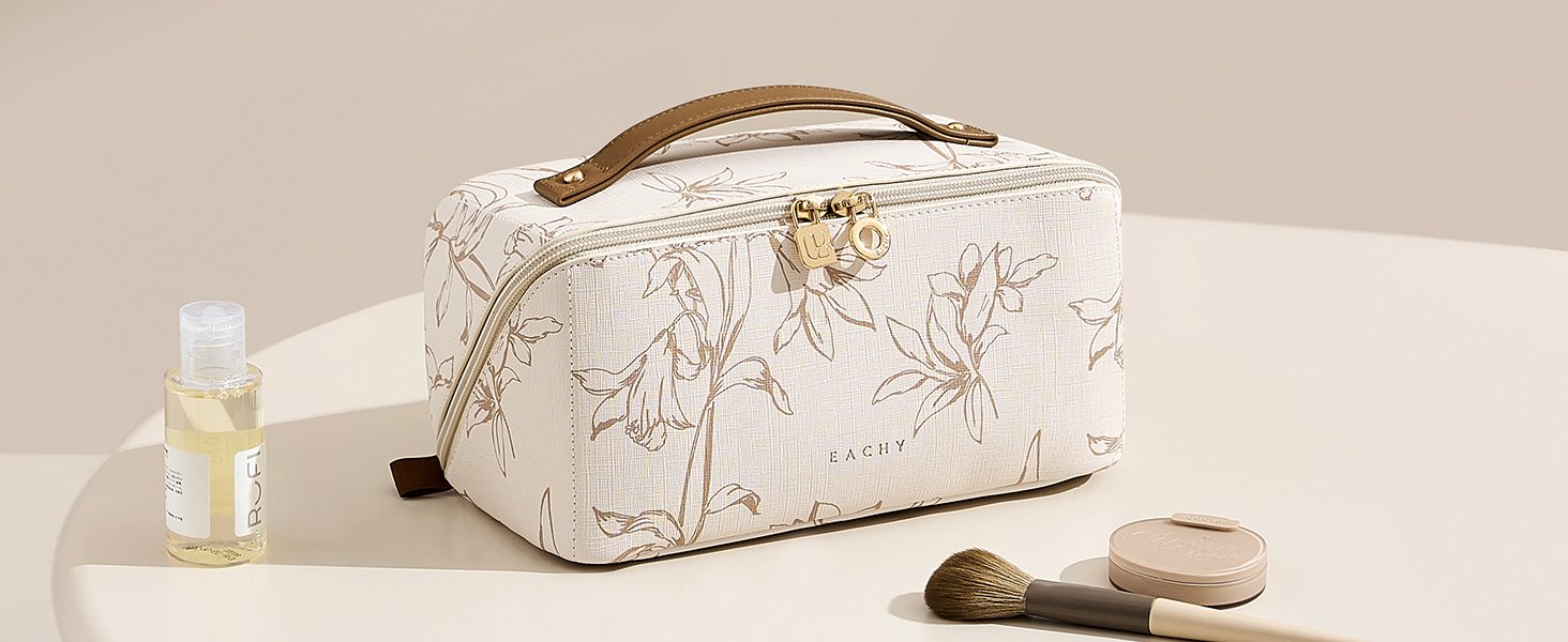 Manufacturer Large Capacity Travel Makeup Cosmetic Bag for Women Private Label Waterproof Portable Open Flat Toiletry Pouch Custom Logo (F-Beige)