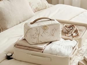 Manufacturer Large Capacity Travel Makeup Cosmetic Bag for Women Private Label Waterproof Portable Open Flat Toiletry Pouch Custom Logo (F-Beige)