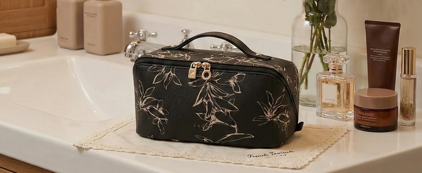 Manufacturer Large Capacity Travel Makeup Cosmetic Bag for Women Private Label Waterproof Portable Open Flat Toiletry Pouch Custom Logo (F-Beige)