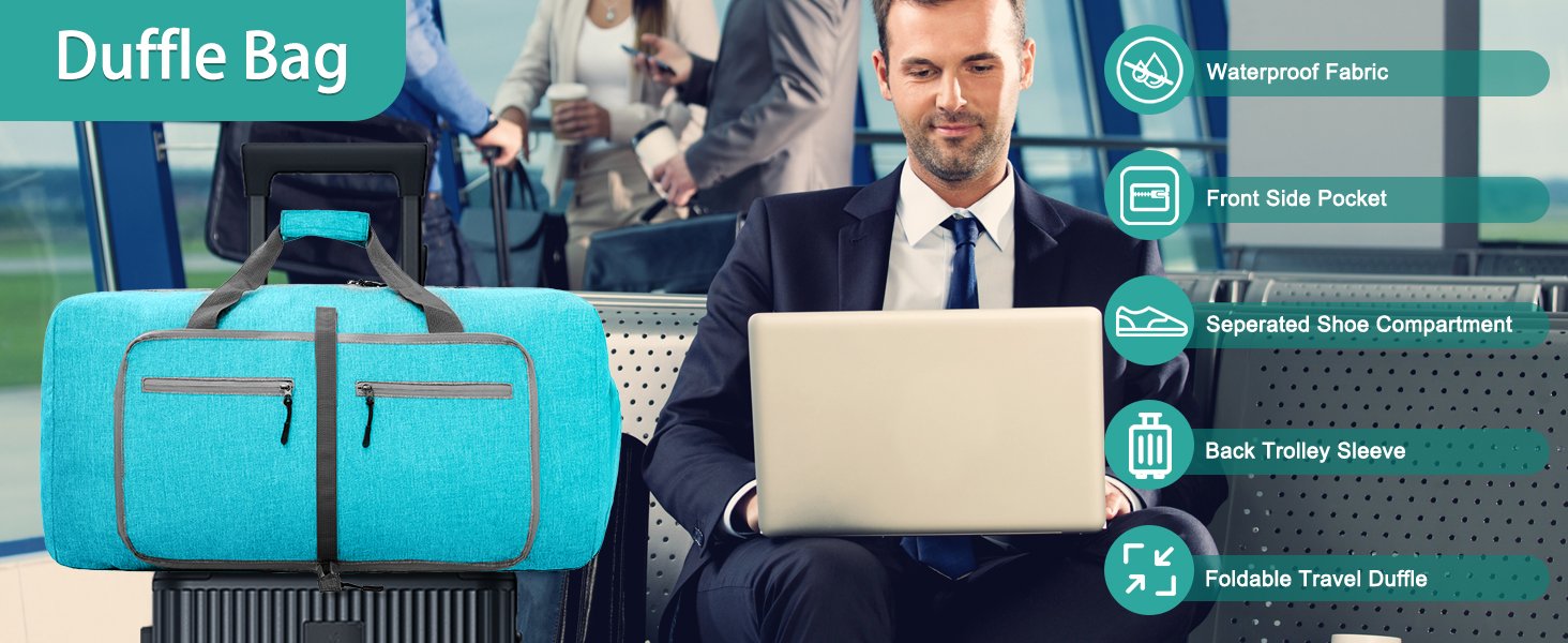 Custom Logo 40L Travel Duffel Bag - Private Label Foldable with Shoes Compartment for Men & Women Waterproof & Tear Resistant - Overnight Bag Mint Green Factory